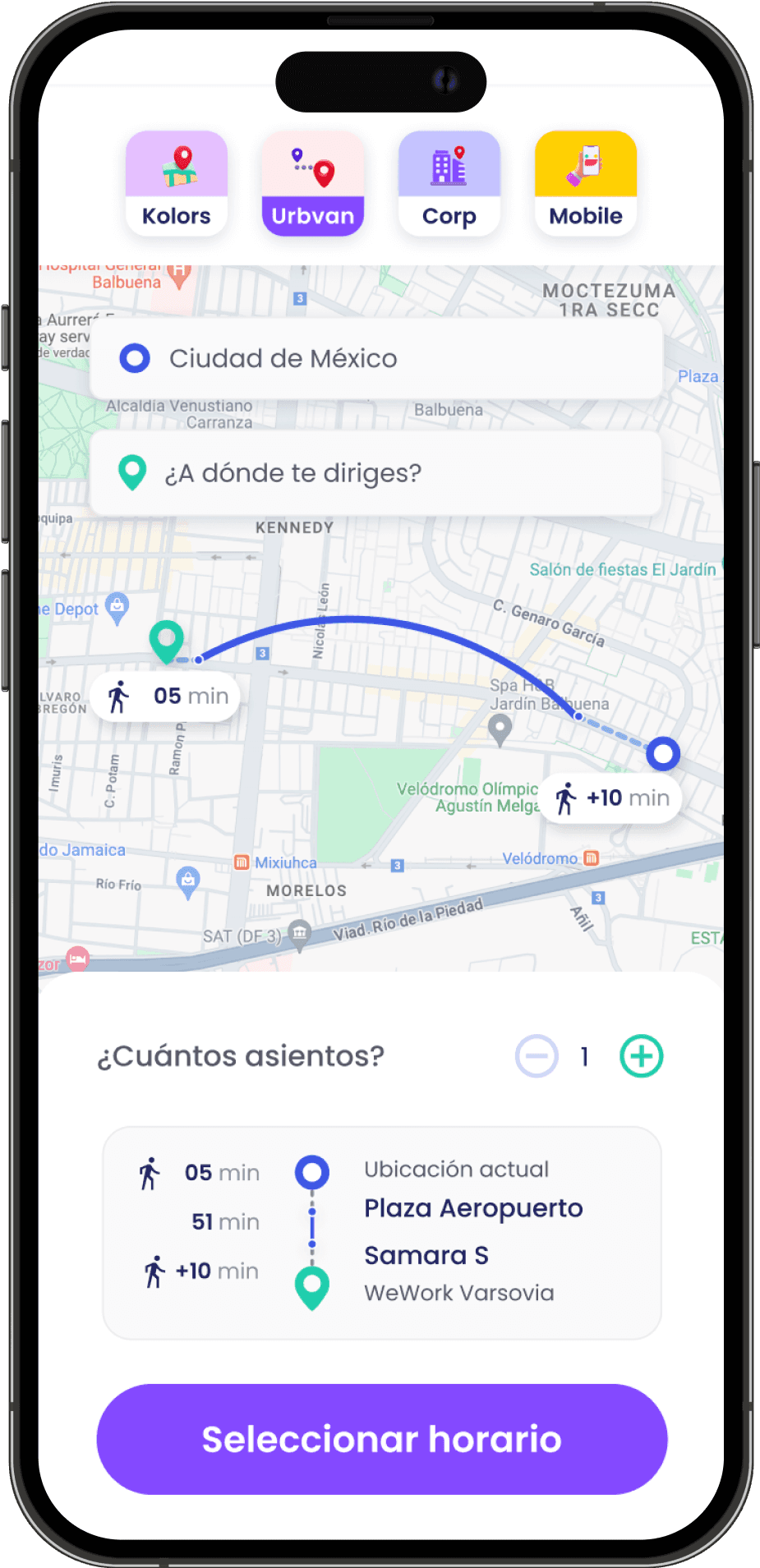 Imagen de un teléfono móvil con la app de Urbvan abierta